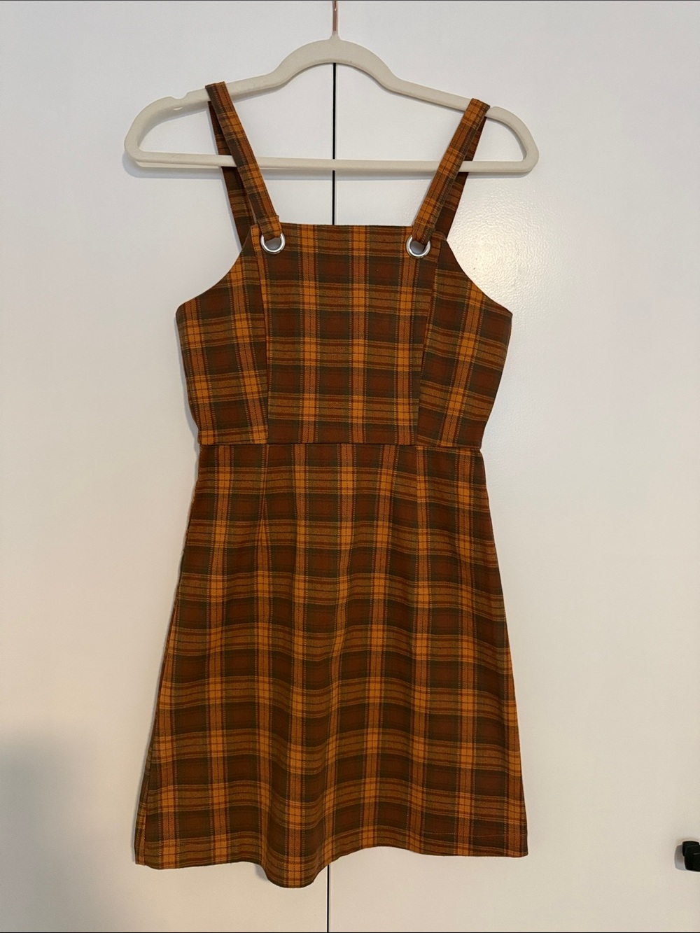 Honey Punch Brown and Mustard Plaid Pinafore Dress